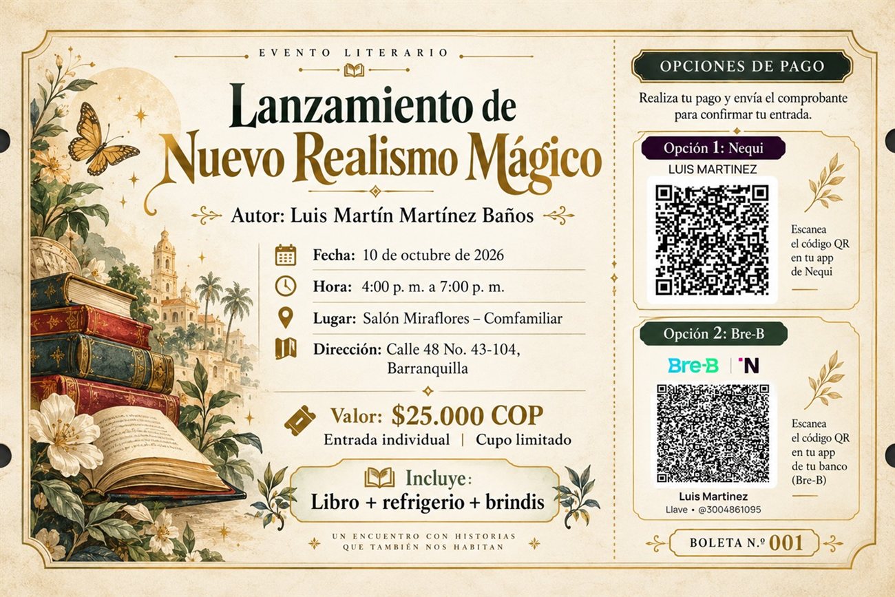 Boleta del evento de lanzamiento: 10 de octubre de 2026, Salón Miraflores, Barranquilla